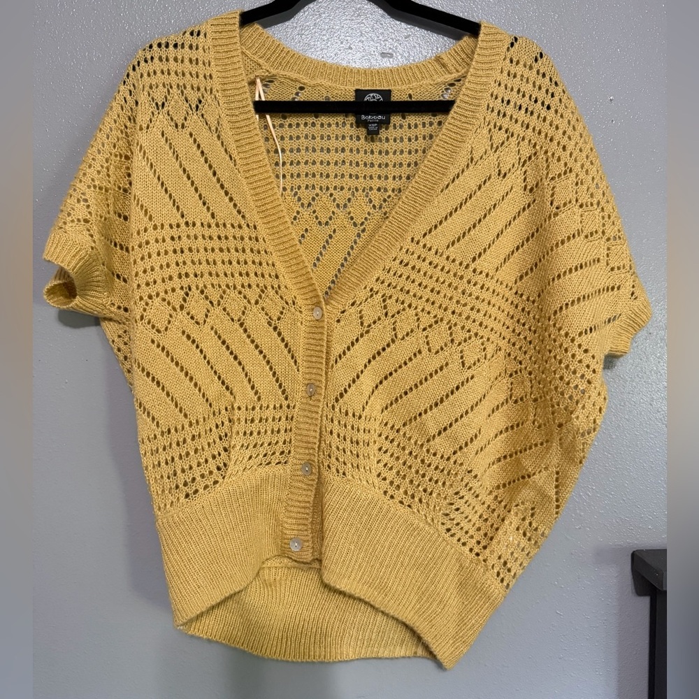 bobeau Mustard Yellow Open-Knit Button Cardigan
